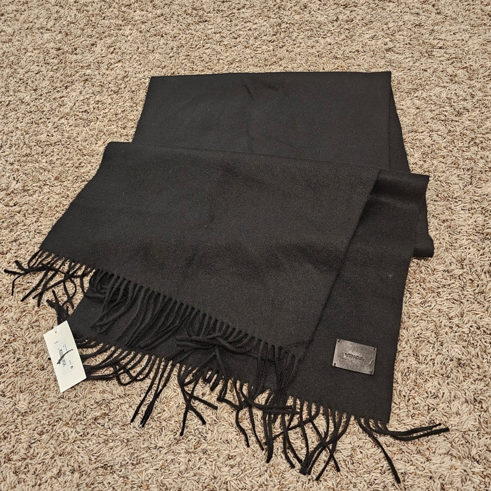 Vince 100% Cashmere Scarf Black Fringe Trim Leather Logo SCW-9633-VNC NEW